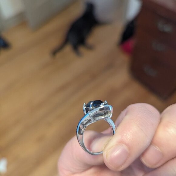 Estate Blue Sapphire Topaz Rhinestone Silver Marquise Bypass Ring RHOD E.P. S/A - Picture 6 of 9